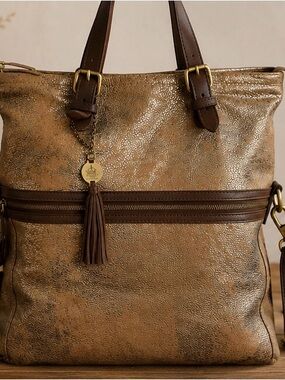 Crown Vintage Genuine Leather Metallic Bronze Convertible Tote Crossbody Bag